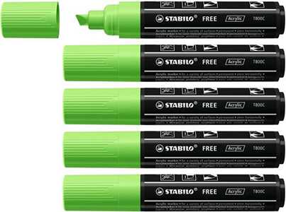 Cartoleria Marker acrilico - STABILO FREE Acrylic - T800C Punta a scalpello 4-10mm - Confezione da 5 - Verde chiaro STABILO