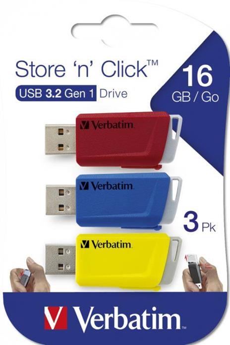 Verbatim Store 'n' Click - Memoria USB 3.2 GEN1 - 3x16 GB - Rosso/Blu/Giallo - 12