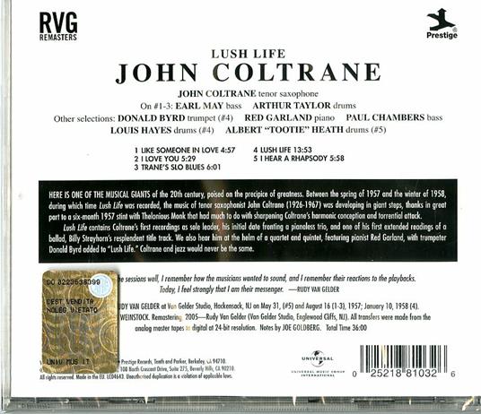 Lush Life (Rudy Van Gelder) - CD Audio di John Coltrane - 2