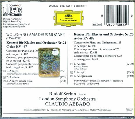 Concerti per pianoforte n.21, n.23 - CD Audio di Wolfgang Amadeus Mozart,Rudolf Serkin,Claudio Abbado,London Symphony Orchestra - 2