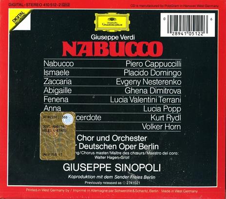 Nabucco - CD Audio di Placido Domingo,Lucia Valentini Terrani,Piero Cappuccilli,Ghena Dimitrova,Giuseppe Verdi,Giuseppe Sinopoli,Orchester der Deutschen Oper Berlino - 2