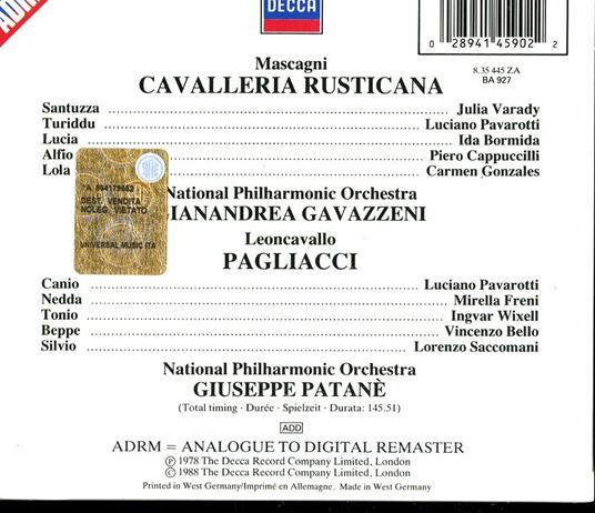 Cavalleria rusticana / Pagliacci - CD Audio di Pietro Mascagni,Ruggero Leoncavallo,Luciano Pavarotti,Piero Cappuccilli,Julia Varady,National Philharmonic Orchestra,Gianandrea Gavazzeni - 2