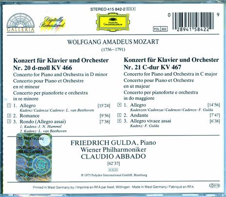 Concerti per pianoforte n.20, n.21 - CD Audio di Wolfgang Amadeus Mozart,Friedrich Gulda,Claudio Abbado,Wiener Philharmoniker - 2