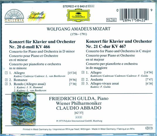 Concerti per pianoforte n.20, n.21 - CD Audio di Wolfgang Amadeus Mozart,Friedrich Gulda,Claudio Abbado,Wiener Philharmoniker - 2