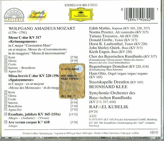 Messa dell'incoronazione K317 - Ave Verum - Exsultate Jubilate - CD Audio di Wolfgang Amadeus Mozart,Rafael Kubelik,Bernhard Klee,Staatskapelle Dresda,Orchestra Sinfonica della Radio Bavarese - 2