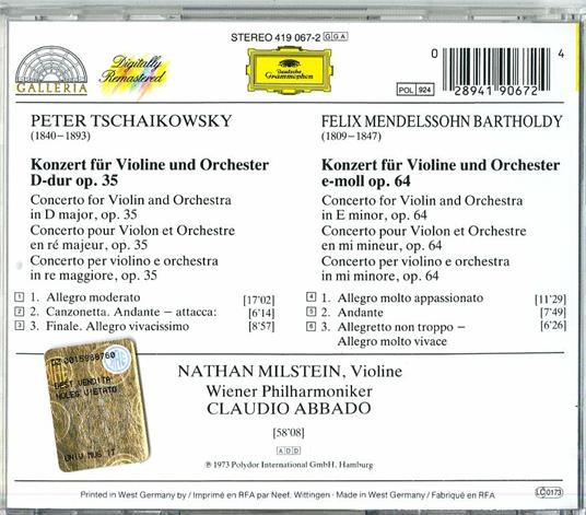 Concerti per violino - CD Audio di Pyotr Ilyich Tchaikovsky,Felix Mendelssohn-Bartholdy,Nathan Milstein,Claudio Abbado,Wiener Philharmoniker - 2
