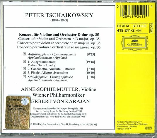 Concerto per violino - CD Audio di Pyotr Ilyich Tchaikovsky,Herbert Von Karajan,Anne-Sophie Mutter,Wiener Philharmoniker - 2