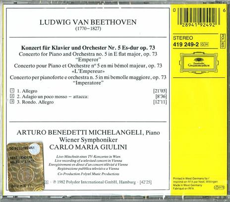 Concerto per pianoforte n.5 - CD Audio di Ludwig van Beethoven,Carlo Maria Giulini,Arturo Benedetti Michelangeli,Wiener Symphoniker - 2