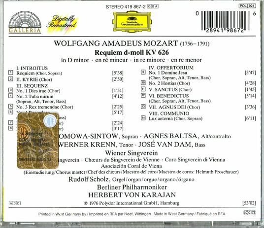 Requiem K626 - CD Audio di Wolfgang Amadeus Mozart,Herbert Von Karajan,Berliner Philharmoniker,Agnes Baltsa,José Van Dam,Anna Tomowa-Sintow - 2