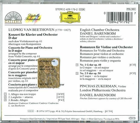 Concerto per pianoforte - Romanze per violino - CD Audio di Ludwig van Beethoven,Pinchas Zukerman,London Philharmonic Orchestra,English Chamber Orchestra,Daniel Barenboim - 2