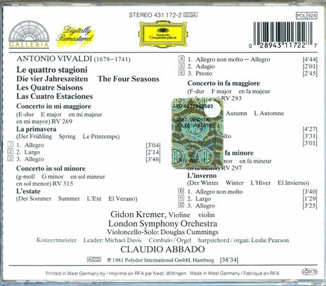 Le quattro stagioni - CD Audio di Antonio Vivaldi,Gidon Kremer,Claudio Abbado,London Symphony Orchestra - 2