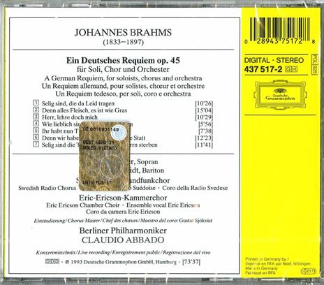 Un Requiem tedesco (Ein Deutsches Requiem) - CD Audio di Johannes Brahms,Claudio Abbado,Berliner Philharmoniker,Cheryl Studer,Andreas Schmidt - 2