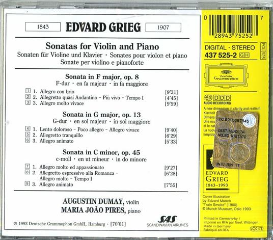 Sonate per violino e pianoforte - CD Audio di Edvard Grieg,Augustin Dumay,Maria Joao Pires - 2