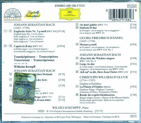 Trascrizioni per pianoforte da Bach,Händel,Gluck - CD Audio di Johann Sebastian Bach,Christoph Willibald Gluck,Georg Friedrich Händel,Wilhelm Kempff - 2