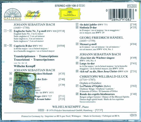 Trascrizioni per pianoforte da Bach,Händel,Gluck - CD Audio di Johann Sebastian Bach,Christoph Willibald Gluck,Georg Friedrich Händel,Wilhelm Kempff - 2