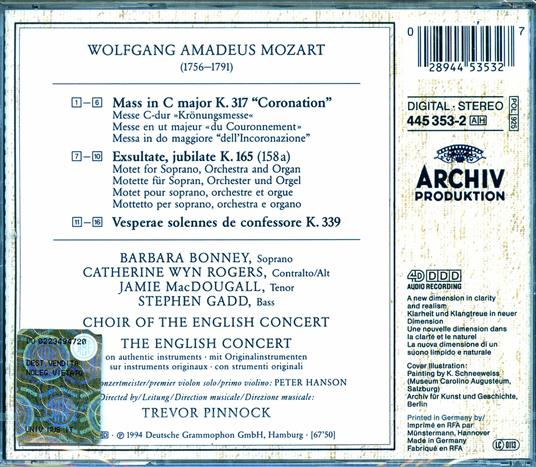 Messa dell'incoronazione K317 - Exsultate Jubilate - Vesperae Solennes de Confessore - CD Audio di Wolfgang Amadeus Mozart,English Concert,Trevor Pinnock - 2