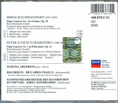 Concerto per pianoforte n.3 / Concerto per pianoforte n.1 - CD Audio di Sergei Rachmaninov,Pyotr Ilyich Tchaikovsky,Martha Argerich,Riccardo Chailly,Kyril Kondrashin - 2