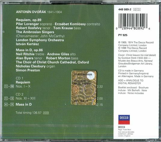 Requiem - Messa in Re - CD Audio di Antonin Dvorak,Istvan Kertesz,London Symphony Orchestra - 2