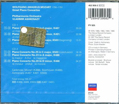 Concerti per pianoforte n.20, n.25, n.21, n.24, n.23 - CD Audio di Wolfgang Amadeus Mozart,Vladimir Ashkenazy,Philharmonia Orchestra - 2
