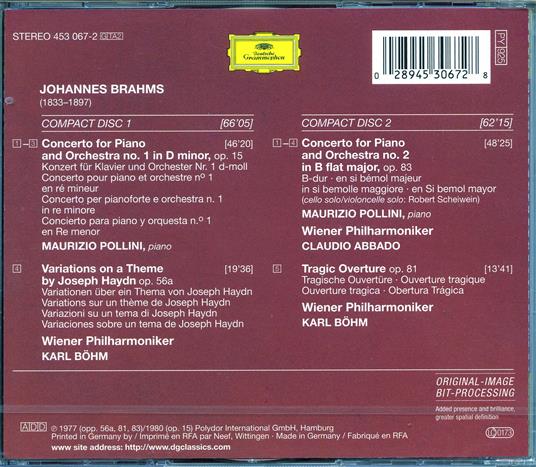 Concerti per pianoforte n.1, n.2 - Ouverture Tragica - Variazioni su un tema di Haydn - CD Audio di Johannes Brahms,Maurizio Pollini,Claudio Abbado,Karl Böhm,Wiener Philharmoniker - 2