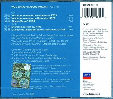 Laudate Dominum - Vespri e Litanie - CD Audio di Wolfgang Amadeus Mozart,Neville Marriner,St. John's College Choir - 2