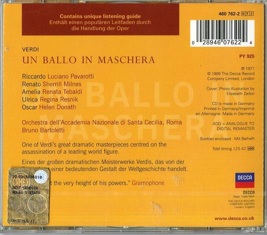 Un ballo in maschera - CD Audio di Luciano Pavarotti,Renata Tebaldi,Helen Donath,Giuseppe Verdi,Orchestra dell'Accademia di Santa Cecilia,Bruno Bartoletti - 2