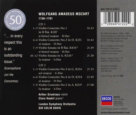 Concerti per violino - Sonate - CD Audio di Wolfgang Amadeus Mozart,Sir Colin Davis,Arthur Grumiaux,London Symphony Orchestra,Clara Haskil - 2