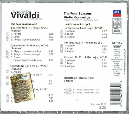 Le quattro stagioni - Concerto per violino op.3 n.3, n.6, n.12 - CD Audio di Antonio Vivaldi,Musici - 2