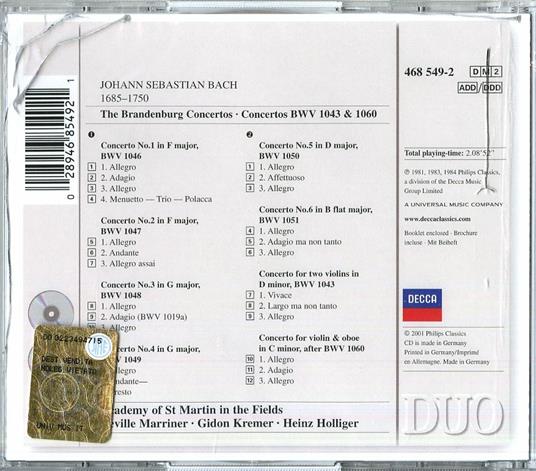 Concerti brandeburghesi - Concerti BWV1043, BWV1060 - CD Audio di Johann Sebastian Bach,Heinz Holliger,Gidon Kremer,Neville Marriner,Academy of St. Martin in the Fields - 2