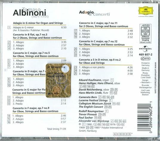 Adagio - Concerti - CD Audio di Tomaso Giovanni Albinoni,English Concert,Trevor Pinnock - 2