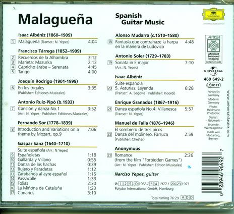 Spanish Guitar Music Malaguena - CD Audio di Narciso Yepes - 2