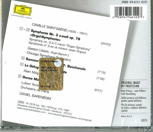 Sinfonia n.3 - Danze Macabra - Bacchanale - Le Deluge - CD Audio di Camille Saint-Saëns,Chicago Symphony Orchestra,Orchestre de Paris,Gaston Litaize,Daniel Barenboim - 2