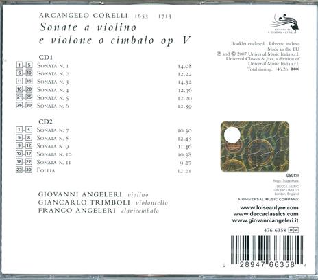 Sonate a violino e violone o cembalo op.5 - CD Audio di Arcangelo Corelli,Giovanni Angeleri - 2