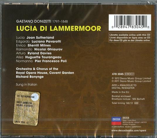 Lucia di Lammermoor - CD Audio di Gaetano Donizetti,Luciano Pavarotti,Joan Sutherland,Nicolai Ghiaurov,Richard Bonynge - 2