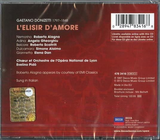 L'elisir d'amore - CD Audio di Gaetano Donizetti,Angela Gheorghiu,Roberto Alagna,Orchestra dell'Opera di Lione,Evelino Pidò - 2
