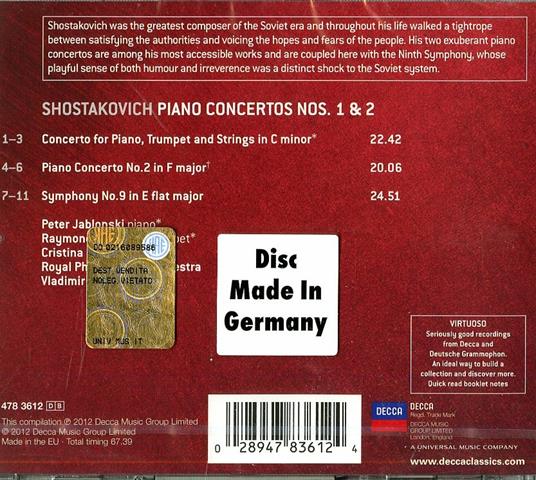 Concerti per pianoforte n.1, n.2 - Sinfonia n.9 - CD Audio di Dmitri Shostakovich,Vladimir Ashkenazy,Cristina Ortiz,Peter Jablonski,Royal Philharmonic Orchestra - 2