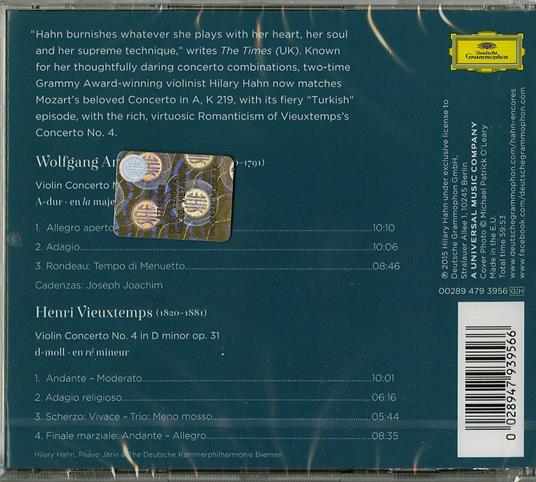 Concerto per violino n.5 K219 / Concerto per violino n.4 op.31 - CD Audio di Wolfgang Amadeus Mozart,Henri Vieuxtemps,Hilary Hahn,Paavo Järvi,Orchestra Filarmonica da camera di Brema - 2