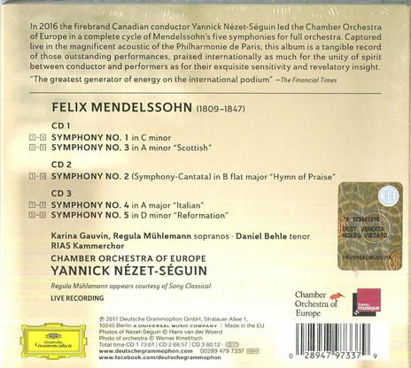 Le sinfonie complete - CD Audio di Felix Mendelssohn-Bartholdy,Chamber Orchestra of Europe,RIAS Kammerchor,Yannick Nezet-Seguin - 2
