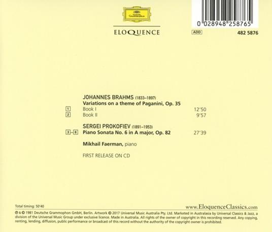 Variazioni su tema di Paganini / Sonata n.6 - CD Audio di Johannes Brahms,Sergei Prokofiev,Mikhail Faerman - 2