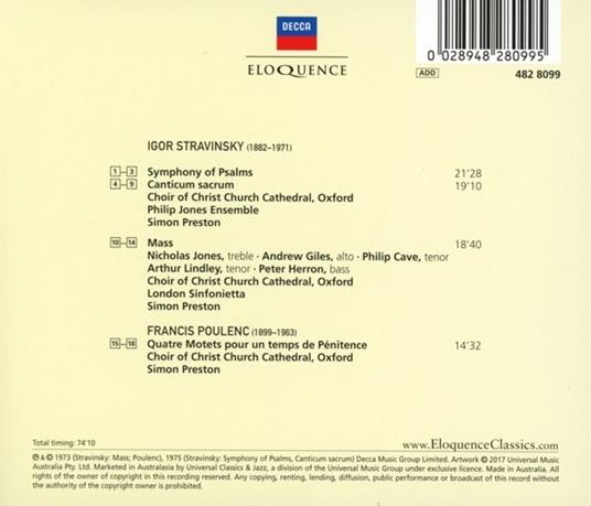 Sinfonia dei Salmi / Mottetti - CD Audio di Francis Poulenc,Igor Stravinsky,Simon Preston,Christ Church Cathedral Choir Oxford - 2