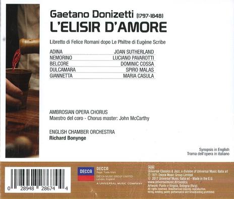L'elisir d'amore - CD Audio di Gaetano Donizetti,Luciano Pavarotti,Joan Sutherland,Richard Bonynge,English Chamber Orchestra - 2