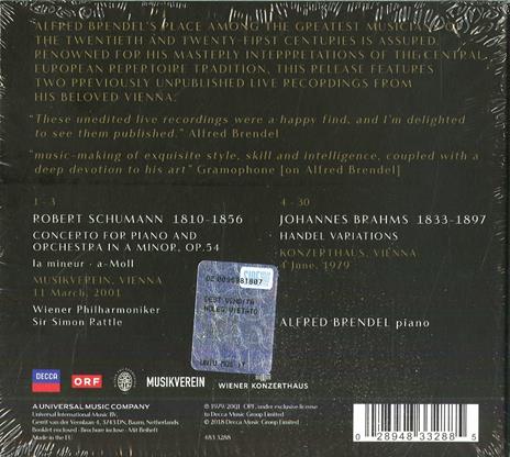 Concerto per pianoforte op.54 - Variazioni e fughe su un tema di Händel op.24 - CD Audio di Johannes Brahms,Robert Schumann,Alfred Brendel,Simon Rattle,Wiener Philharmoniker - 2