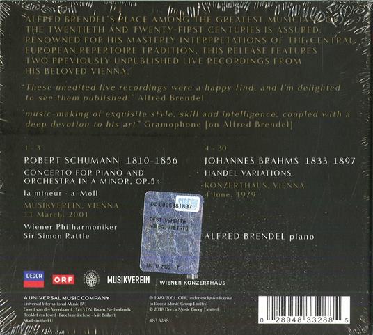 Concerto per pianoforte op.54 - Variazioni e fughe su un tema di Händel op.24 - CD Audio di Johannes Brahms,Robert Schumann,Alfred Brendel,Simon Rattle,Wiener Philharmoniker - 2