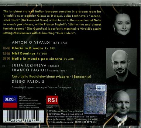 Gloria - CD Audio di Antonio Vivaldi,Franco Fagioli,Julia Lezhneva,Diego Fasolis,I Barocchisti,Coro della Radio Svizzera - 2