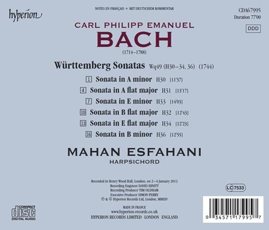 Sonate del Württemberg - CD Audio di Carl Philipp Emanuel Bach,Mahan Esfahani - 2