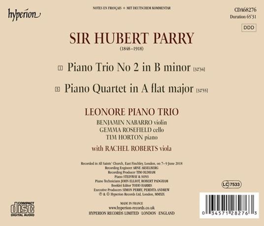 Piano Trios n.2 - Piano Quartet - CD Audio di Charles Hubert Parry,Leonore Piano Trio - 2