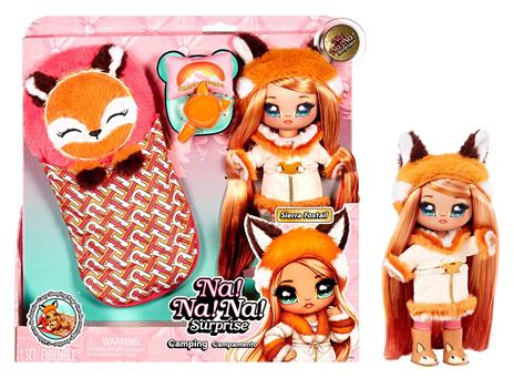 Na na na surprise serie camping – sierra foxtail – bambola di peluche ispirata alle volpi con capelli arancioni e sacco a pelo – include vestito, cuscino e spazzola