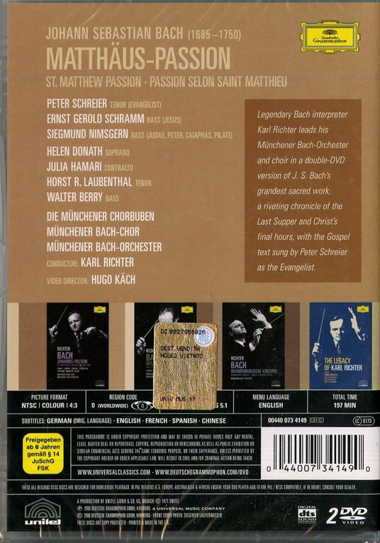 Johann Sebastian Bach. Matthäus-Passion. Passione di Matteo (2 DVD) - DVD di Johann Sebastian Bach,Peter Schreier,Helen Donath,Walter Berry,Julia Hamari,Münchener Bach-Orchester,Orchestra del Teatro Regio di Torino - 2