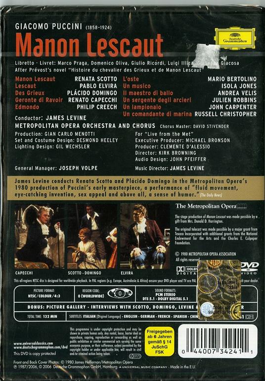 Giacomo Puccini. Manon Lescaut (DVD) - DVD di Placido Domingo,Renata Scotto,Giacomo Puccini,James Levine - 2