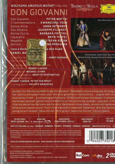 Wolfgang Amadeus Mozart. Don Giovanni (2 DVD) - DVD di Wolfgang Amadeus Mozart,Anna Netrebko,Bryn Terfel,Peter Mattei,Daniel Barenboim - 2